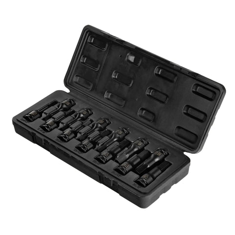 Open case displaying Impact Hex Driver Set 13-Piece 3/8 Inch Drive SAE And Metric in robust chrome molybdenum for auto maintenance.