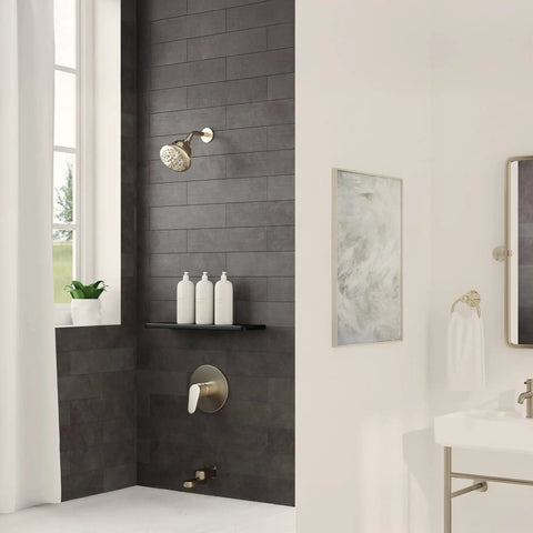 Bathroom with Tru-Temp Mixing Valve With Pressure Balance For Round Rough-In Valve Trim Kit Half Inch NPT Brushed Nickel installed.