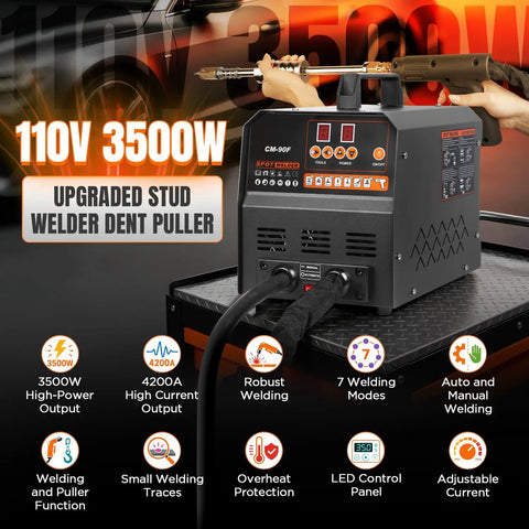 Beefed Up Three Point Five KW Stud Welder Dent Puller With LED Digital Control Panel 110V 4200A displayed with features