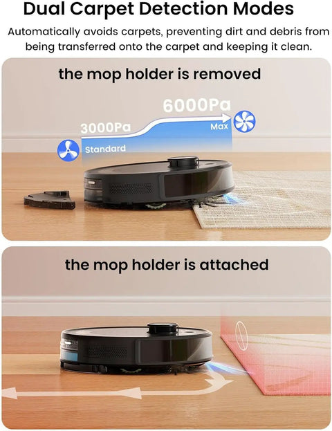 Dual carpet detection modes of LiDAR Robot Vacuum and Mop Combo with Auto Self-Empty Dock, 6000Pa Suction, showcasing mop holder attachment
