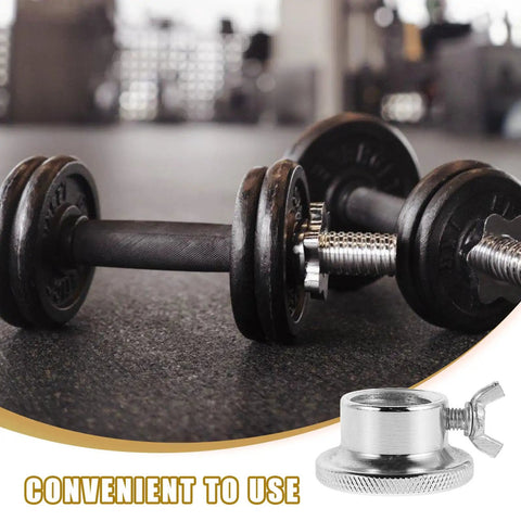 Close-up of two dumbbells with Two Pack Steel Barbell Collars And Dumbbell Clamps With Anti Slip Screw Locks, Easy Tightening For Weightlifting.