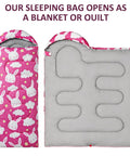 Bright Pink 3 Season Kid Friendly Sleeping Bag For Camping And Backpacking Lightweight And Waterproof With Carry Bag Perfect For Hiking Outdoor Travel Boys And Girls Cozy All Weather Sleep Gear shown folded and fully opened