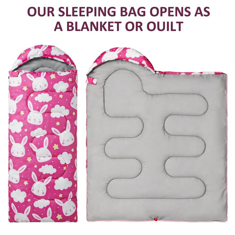 Bright Pink 3 Season Kid Friendly Sleeping Bag For Camping And Backpacking Lightweight And Waterproof With Carry Bag Perfect For Hiking Outdoor Travel Boys And Girls Cozy All Weather Sleep Gear shown folded and fully opened