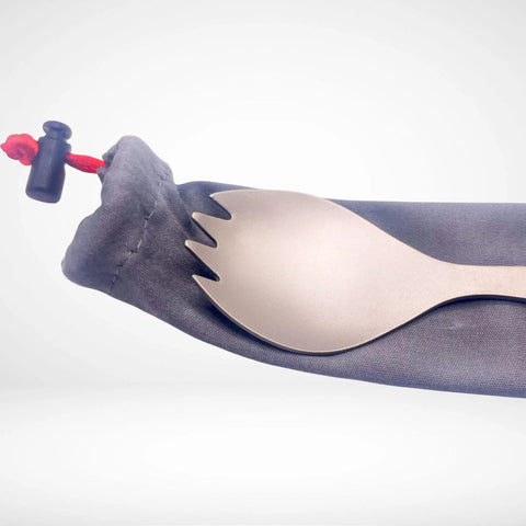 Ultralight Titanium Spork For Backpacking And Camping Reusable Travel Utensil And EDC Spork With Multi Function Hook Featherweight At 0.51 Oz Durable Yet Flexible For Ultra Lightweight Gear in gray carry case