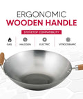 Go-To 14-Inch Carbon Steel Wok With Bamboo Handle For Stir Frying, Sauteing, Steaming, Braising And Deep Frying shown on hexagonal background