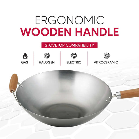Go-To 14-Inch Carbon Steel Wok With Bamboo Handle For Stir Frying, Sauteing, Steaming, Braising And Deep Frying shown on hexagonal background
