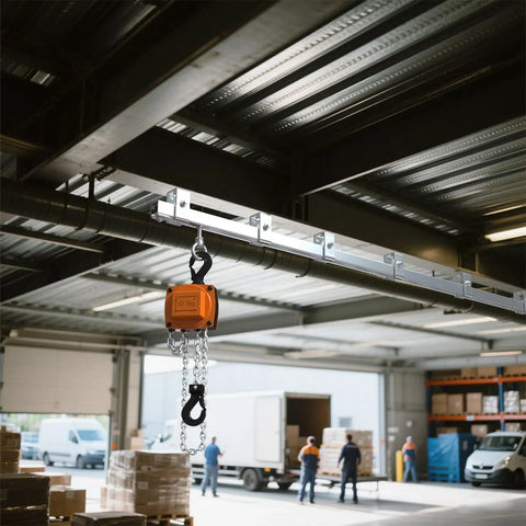 Four Wheel Hoist Trolley For Unistrut 1-5/8 Inch Or Taller Channel With M10 Bolt And Lifting Eye Nuts installed in warehouse