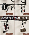 Wall Mounted Motorcycle Helmet Rack With Four Hooks And Glove Clips displaying belt, key, glove, and saddlebag.