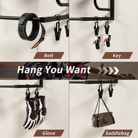Wall Mounted Motorcycle Helmet Rack With Four Hooks And Glove Clips displaying belt, key, glove, and saddlebag.