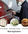 Built Tough Premium LVLP Paint Spray Gun Featuring Slick Teflon Coated Aluminum Body With Three Interchangeable Tips delivering precise paint application for furniture and small objects.