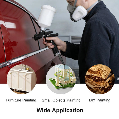 Built Tough Premium LVLP Paint Spray Gun Featuring Slick Teflon Coated Aluminum Body With Three Interchangeable Tips delivering precise paint application for furniture and small objects.