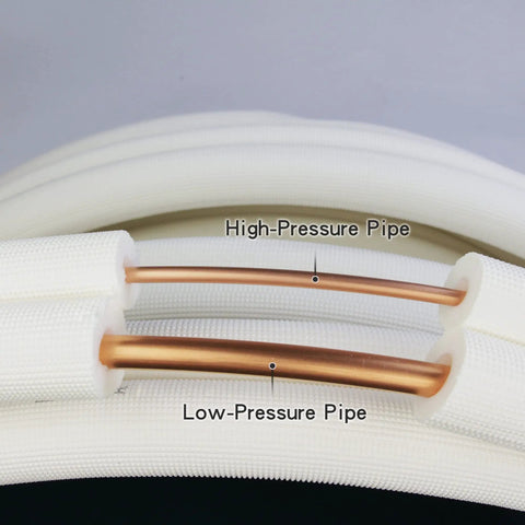 Sixteen Foot Mini Split Line Set With Copper Pipes One Quarter Inch And One Half Inch OD Plus Three Eighth Inch White PE Thickened Insulated Coil Flared Nuts Included Install Triple Layer Insulation For Home HVAC Air Conditioning Or Heat Pump System showing high and low pressure pipes