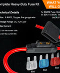 Badass Heavy-Duty Inline Blade Maxi Fuse Holder Kit With Flip-Up Cover Includes 6 AWG Red Wire and Assorted 50A 60A 80A Fuses close-up view.