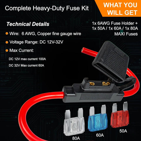 Badass Heavy-Duty Inline Blade Maxi Fuse Holder Kit With Flip-Up Cover Includes 6 AWG Red Wire and Assorted 50A 60A 80A Fuses close-up view.