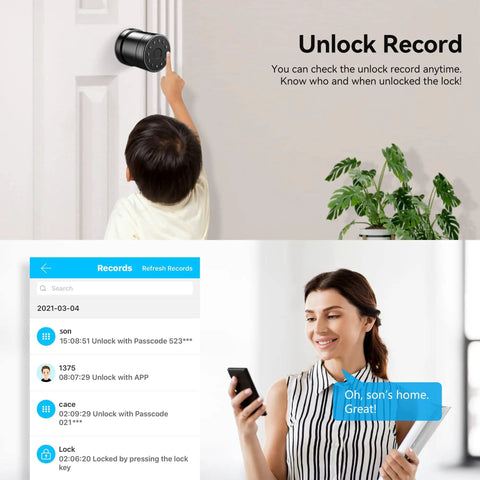Child unlocking door with 5 In 1 Smart Door Lock With Fingerprint Keypad IC Card Code and woman checking app records