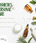 Assorted cosmetics and personal care products with green leaves on white background