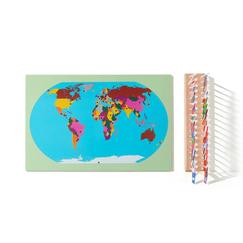 Montessori World Flags Set With 22 Inch Wooden Map And 36 Country Flags On Solid Beechwood For Kids Kid Friendly Educational Geography Toy