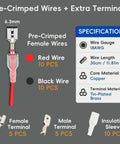 Top Notch 18Awg Speaker Wire Connectors Kit Loaded With 6.3Mm Pre Crimped Female Spade Terminals, red and black wires, specifications included.