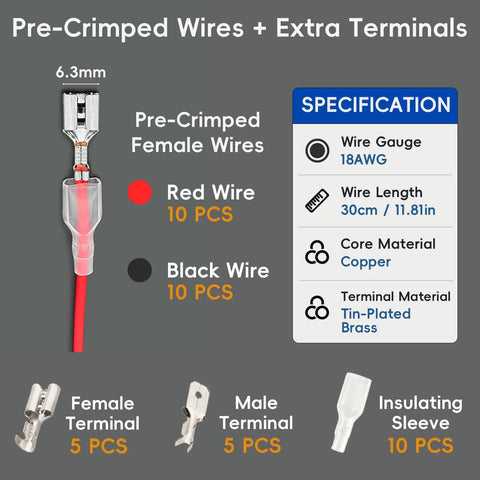 Top Notch 18Awg Speaker Wire Connectors Kit Loaded With 6.3Mm Pre Crimped Female Spade Terminals, red and black wires, specifications included.