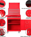 Detachable 3 Drawer Tool Chest With Large Storage Cabinet And Adjustable Shelf Heavy Duty Red Black Rollin Garage Workshop Organizer For Tools Hardware And Gear with open drawers and cabinet.