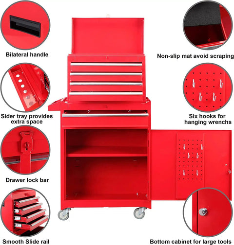 Detachable 3 Drawer Tool Chest With Large Storage Cabinet And Adjustable Shelf Heavy Duty Red Black Rollin Garage Workshop Organizer For Tools Hardware And Gear with open drawers and cabinet.