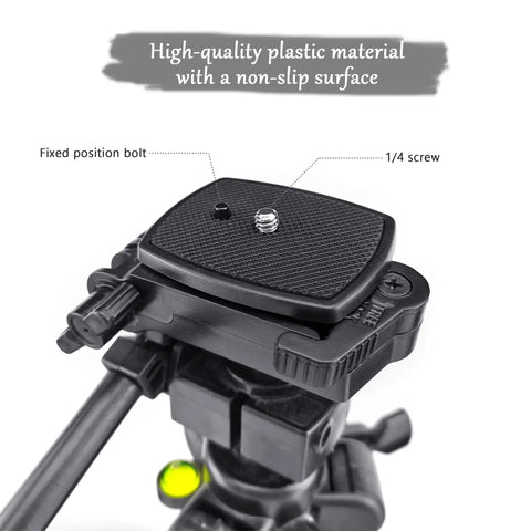 Non Slip Camera Quick Release Plate 43mm For Tripods And Cameras mounted on tripod, showing 1/4 screw and non-slip surface