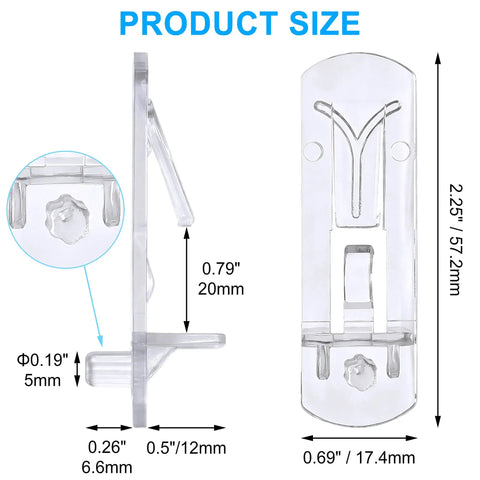 24 Pack Clear Plastic Self Locking Shelf Pegs Zero Hassle Install Cabinet Pins Fit Like A Glove For Kitchen Wood Shelves, showcasing dimensions.