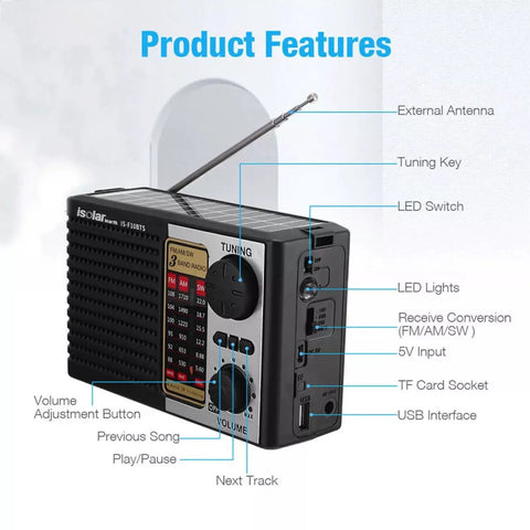 Solar Portable FM AM SW Radio Bluetooth Speaker MP3 Player With Rechargeable Battery LED Flashlight All In One Dual Speakers