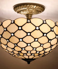 Tiffany Style Cream Amber Stained Glass Ceiling Light Fixture 12 Inch Semi Flush Mount With Antique Green Bronze Base And 11 Inch Height, 16 Inch Hardwired Cord, Bead Glass Accent, LED Ready, Eye Catching Dining And Hallway Lighting.
