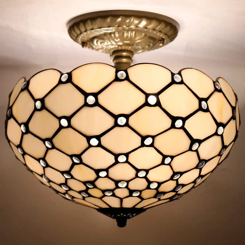 Tiffany Style Cream Amber Stained Glass Ceiling Light Fixture 12 Inch Semi Flush Mount With Antique Green Bronze Base And 11 Inch Height, 16 Inch Hardwired Cord, Bead Glass Accent, LED Ready, Eye Catching Dining And Hallway Lighting.