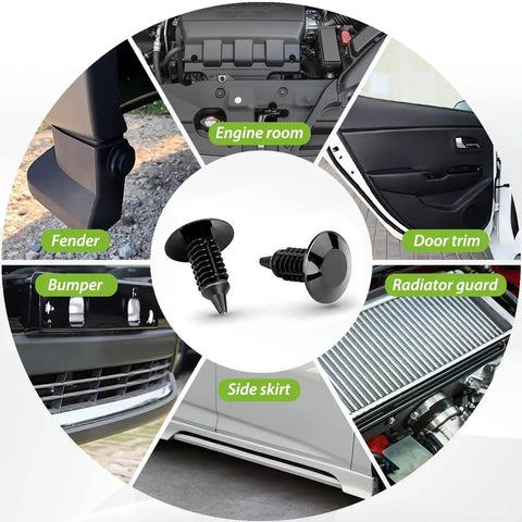 240 Piece DIY Friendly Car Retainer Clips Kit With 12 Sizes 6.3mm To 10mm Bumper Grill Fender Door Rivets shown with vehicle parts