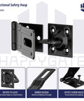 Heavy Duty Swivel Staple Safety Hasp Latch Lock With Twist Knob In Matte Black Stainless Steel With Rust Proof Coating For Outdoor Indoor Padlock Security Built Tough To Lock Your Gear Down Tight, showing locking mechanism and design features.