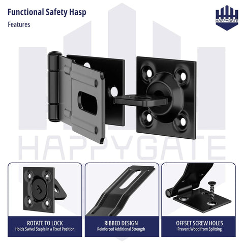 Heavy Duty Swivel Staple Safety Hasp Latch Lock With Twist Knob In Matte Black Stainless Steel With Rust Proof Coating For Outdoor Indoor Padlock Security Built Tough To Lock Your Gear Down Tight, showing locking mechanism and design features.
