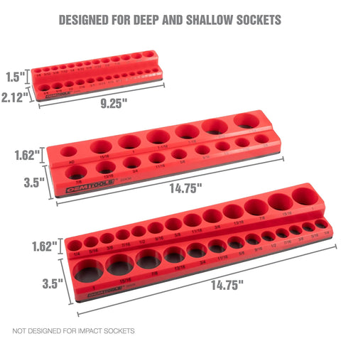 Red trays from Six Pack Magnetic Socket Organizer Set For 1/4, 3/8, And 1/2 Inch Drive Sockets, SAE And Metric Compatible.