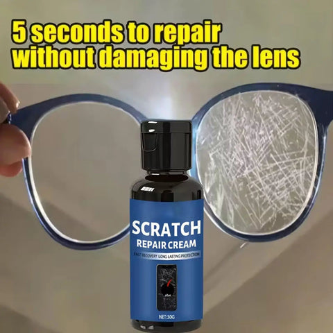 Close-up of Advanced Scratch Repair Cream for Glass Phone Screens and Other Devices 30G Repair Set alongside eyeglasses with scratches.