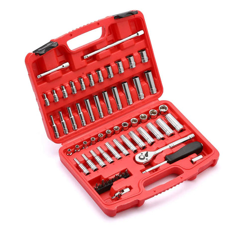 62-Piece One Quarter-Inch Drive Socket Set With Ratchets Universal Joint Extensions And Bits SAE And Metric Six-Point Sockets