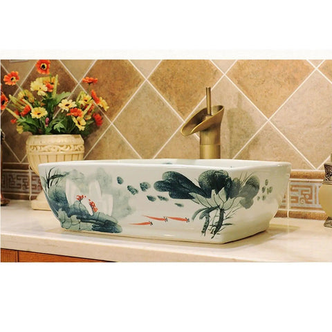 SDVantage Vessel Sink Retro Bathroom Vessel Vanity Sink Ceramic Vessel Sink Above Counter Bathroom Vessel Vanity Sink Rectangle Art Basin with floral design