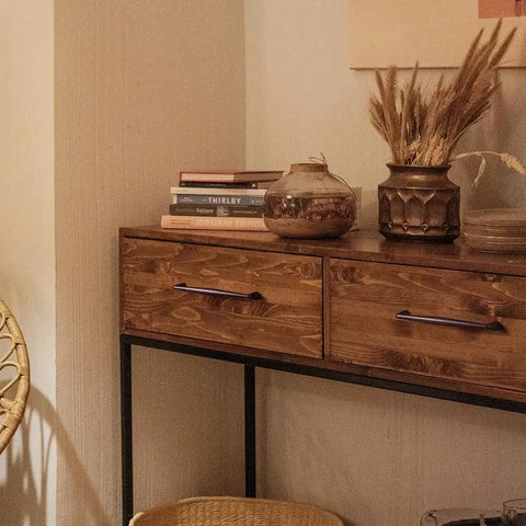 Oil Rubbed Bronze Antique Zinc Alloy Cabinet Handles 6.3 Inch Hole Center Pulls on wooden console table in living room