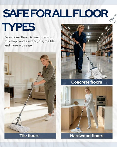 Built Tough 59 Inch Commercial String Mop System in action on tile, concrete, and hardwood floors for versatile cleaning.