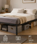 Queen Size Metal Platform Bed Frame With Heavy Duty Steel Construction And Eleven Tough Support Legs giving under bed storage for bins.
