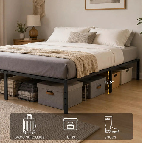 Queen Size Metal Platform Bed Frame With Heavy Duty Steel Construction And Eleven Tough Support Legs giving under bed storage for bins.