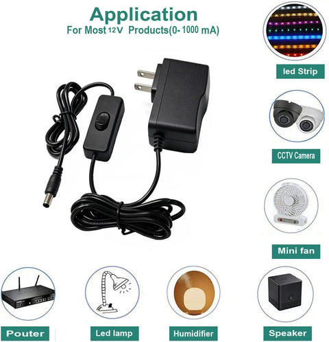 12V 1A DC Power Supply With On Off Switch AC 100 240V Input To DC 12V 6.2 Foot Cord 5.5 By 2.5mm Plug Plus Five Pro Tips For LED Strip Lights And Security Cameras, black adapter and cord