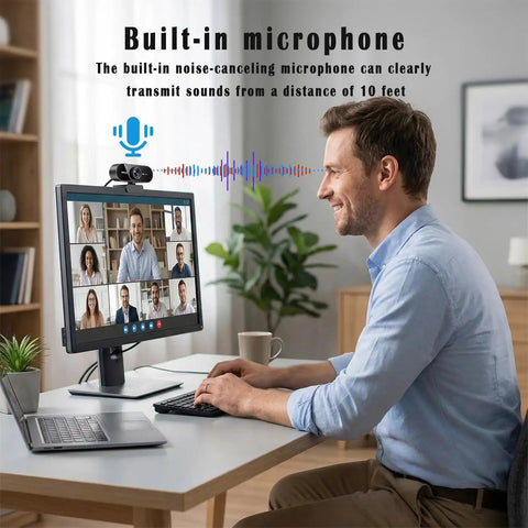 Slick 1080P HD Webcam For PC And Laptop With Dead Quiet Noise Canceling Mic And Plug And Play Setup For Smooth Video Calls in use during a video conference.