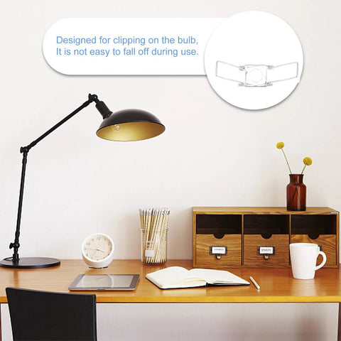 Desk with lamp and diagram of 20 Pack Iron Lampshade Spring Clips For Easy Installation And Secure Fixation, Multi Function Lampshade Clamp Set For Pendant Lights, Ceiling Fixtures, And Table Lamps, Heavy Duty Fixing Accessories.