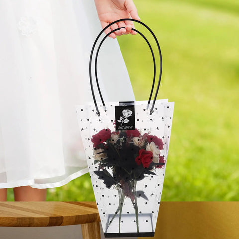 Plastic Flower Bouquet Bag With Handle For Floral Arrangements And Weddings holding roses, dotted design