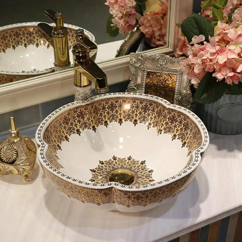 USZWBY Bathroom Sink, Countertop Basin Ceramic Sink with ornate floral pattern and gold accents, 12-liter round design.