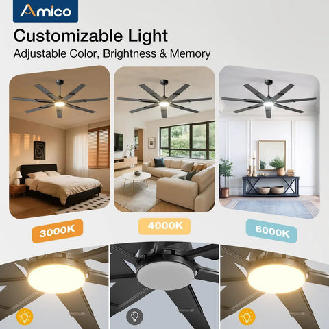 66 Inch Black Ceiling Fan With Lights And Remote 6 Speed Reversible DC Motor 3 CCT Dimmable showcasing adjustable color settings