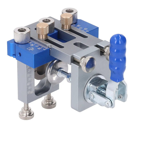 Self Centering Dowel Jig Kit With Adjustable Drill Guide And Six Heavy Duty Bushings Plus Three Carbide Bits For Hassle Free Furniture Assembly And Diy Woodworking Projects That Deliver Dead Nuts Alignment Every Time, close-up view showing adjustable components.