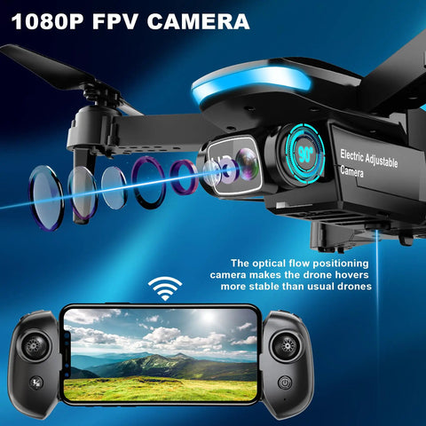 Camera Drone For Adults 1080P HD Foldable Quadcopter with adjustable lens and smartphone display showing landscape view, VR experience.