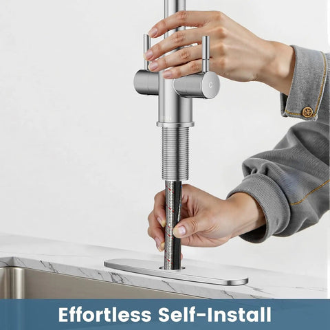 Hurran Kitchen Sink Faucet with Pull Down Sprayer, Brushed Nickel 2 Handles, being installed easily in a kitchen sink.